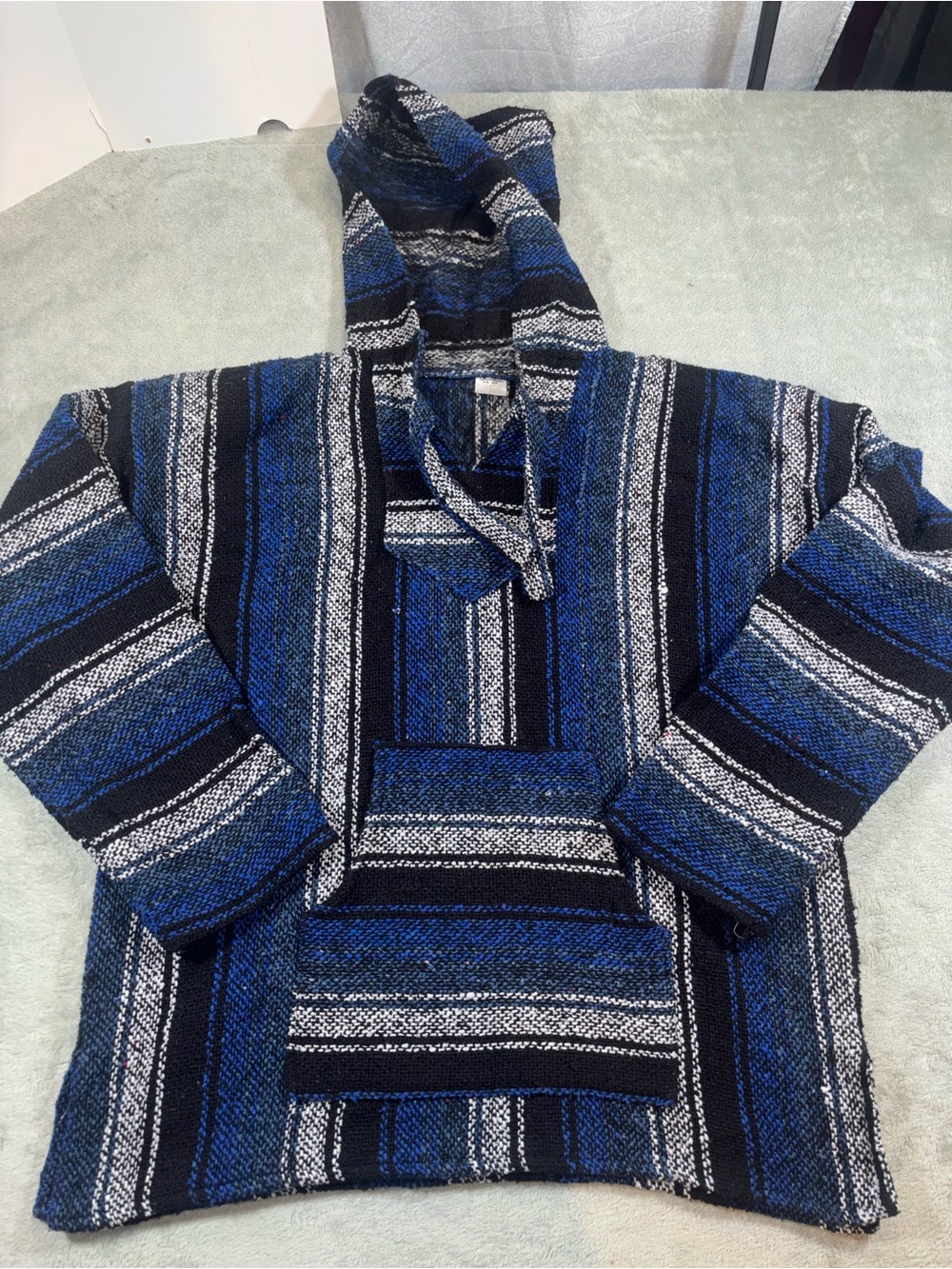 Artesanias F.R. Blue Striped Mexican Baja Hoodie Jerga Sweater Large